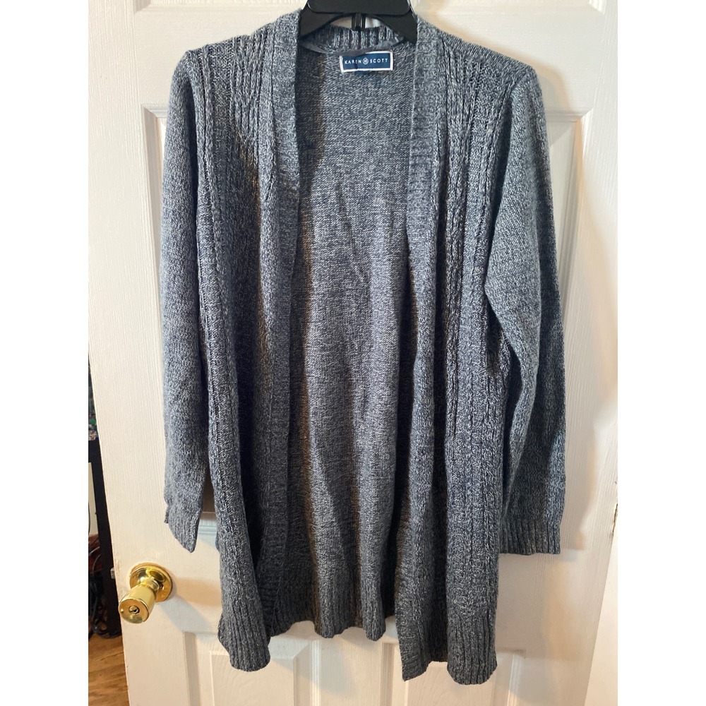 Karen Scott Womens Large Grey MarlCable KnitOpen Front Longline Cardigan Sweater